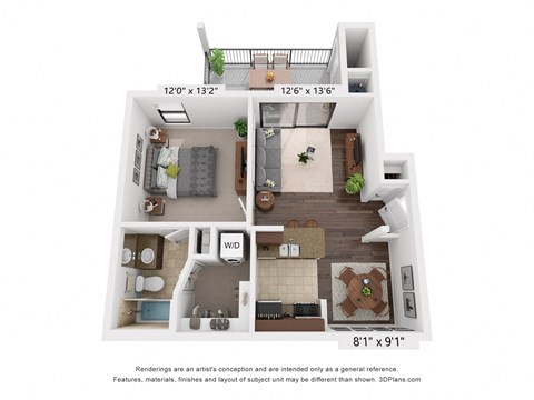 Floor plan for 1 bed, 1 bath, 654 sqft